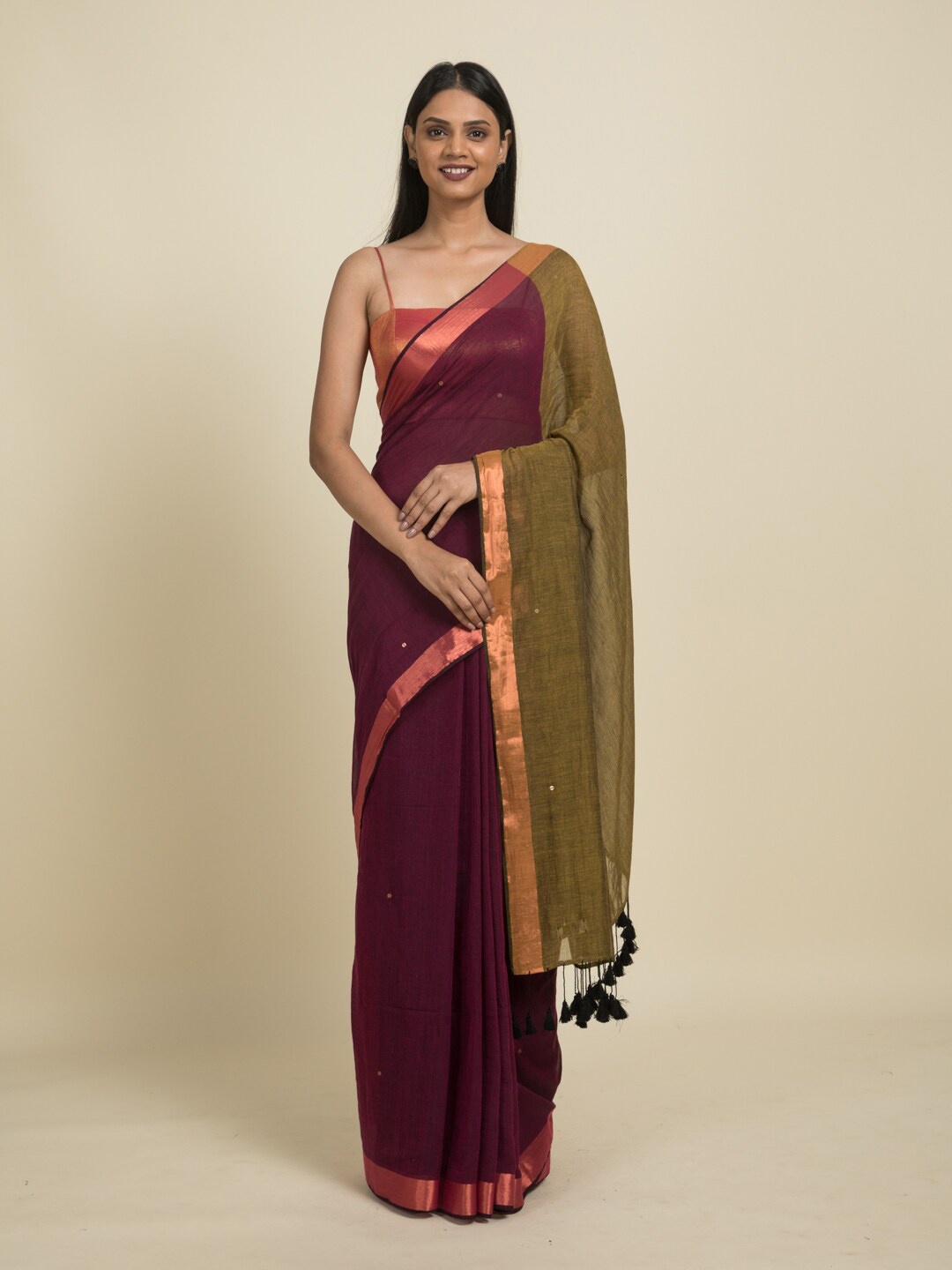 

Suta Magenta & Olive Cotton Sequine Embellished Saree