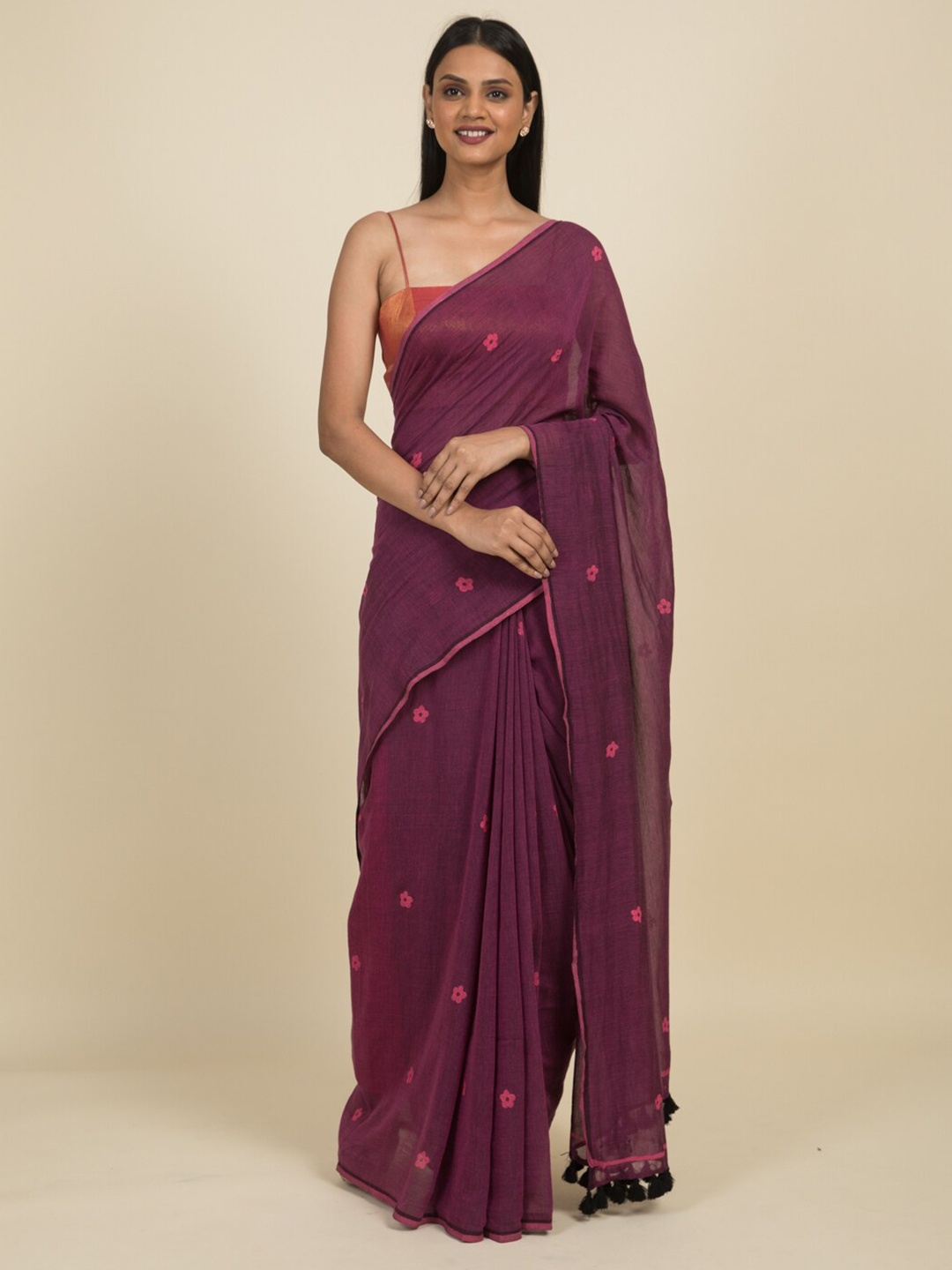 

Suta Purple Floral Block Printed Pure Cotton Saree