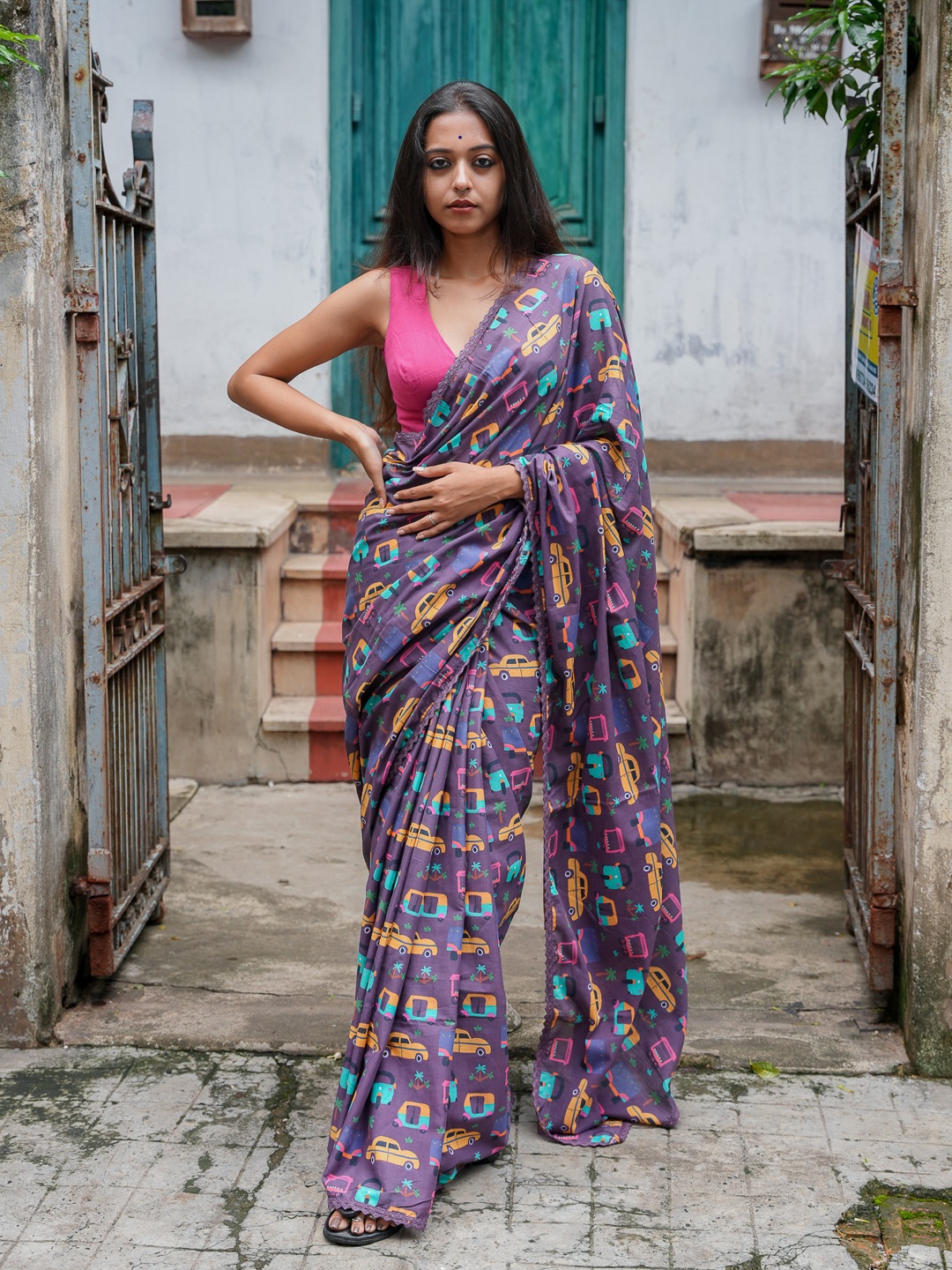 

Suta Magenta & Blue Digital Printed Pure Cotton Saree