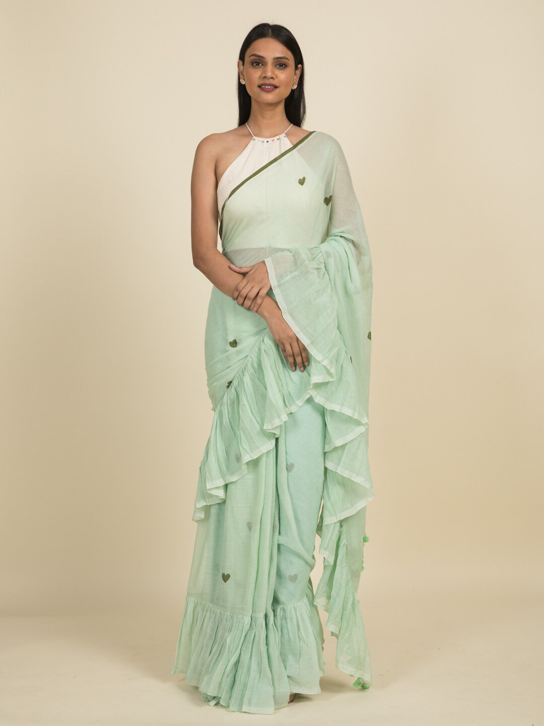 

Suta Sea Green Printed Pure Cotton Ruffle Saree