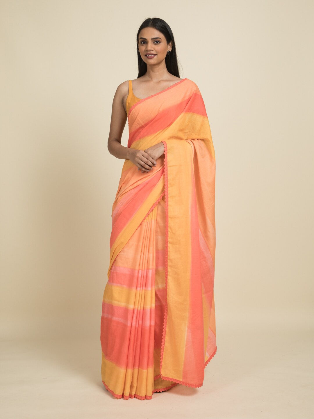 

Suta Pink & Orange Striped Pure Cotton Saree