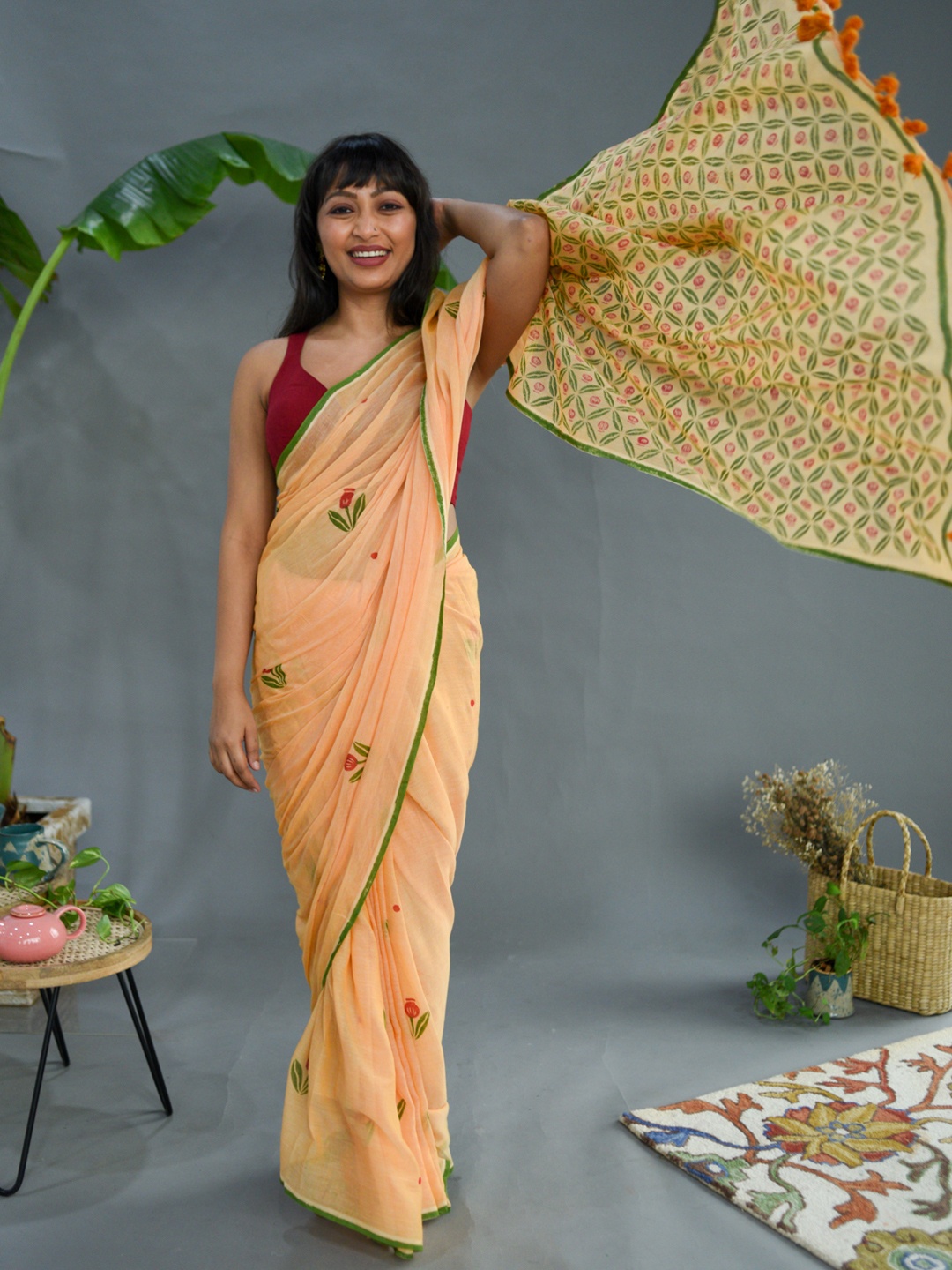 

Suta Peach-Coloured & Green Floral Pure Cotton Saree