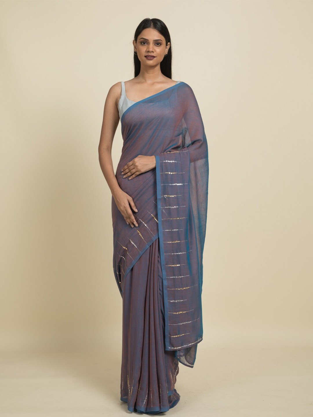

Suta Blue & Silver-Toned Sequinned Pure Cotton Saree