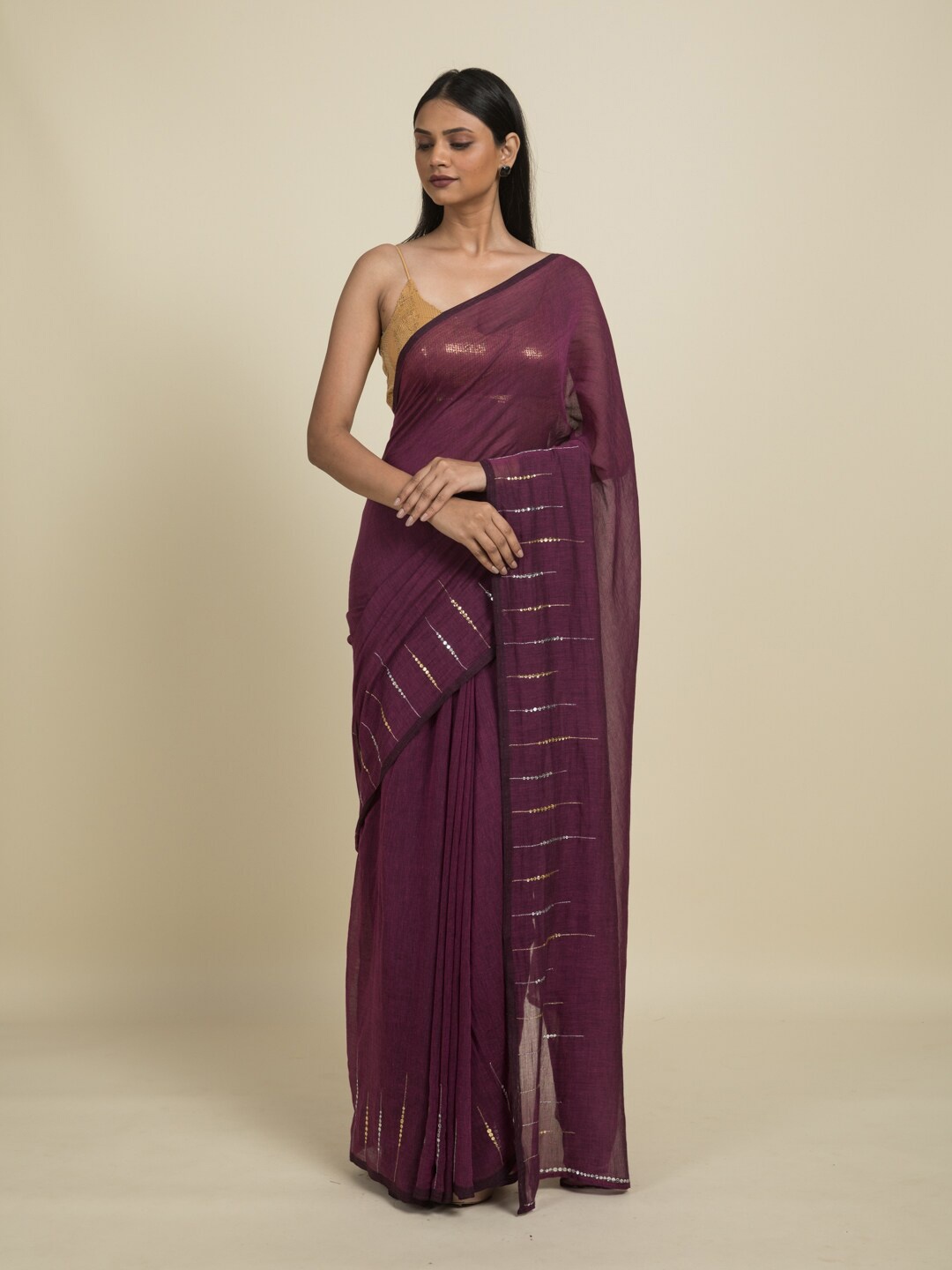 

Suta Purple & Silver-Toned Embellished Pure Cotton Saree