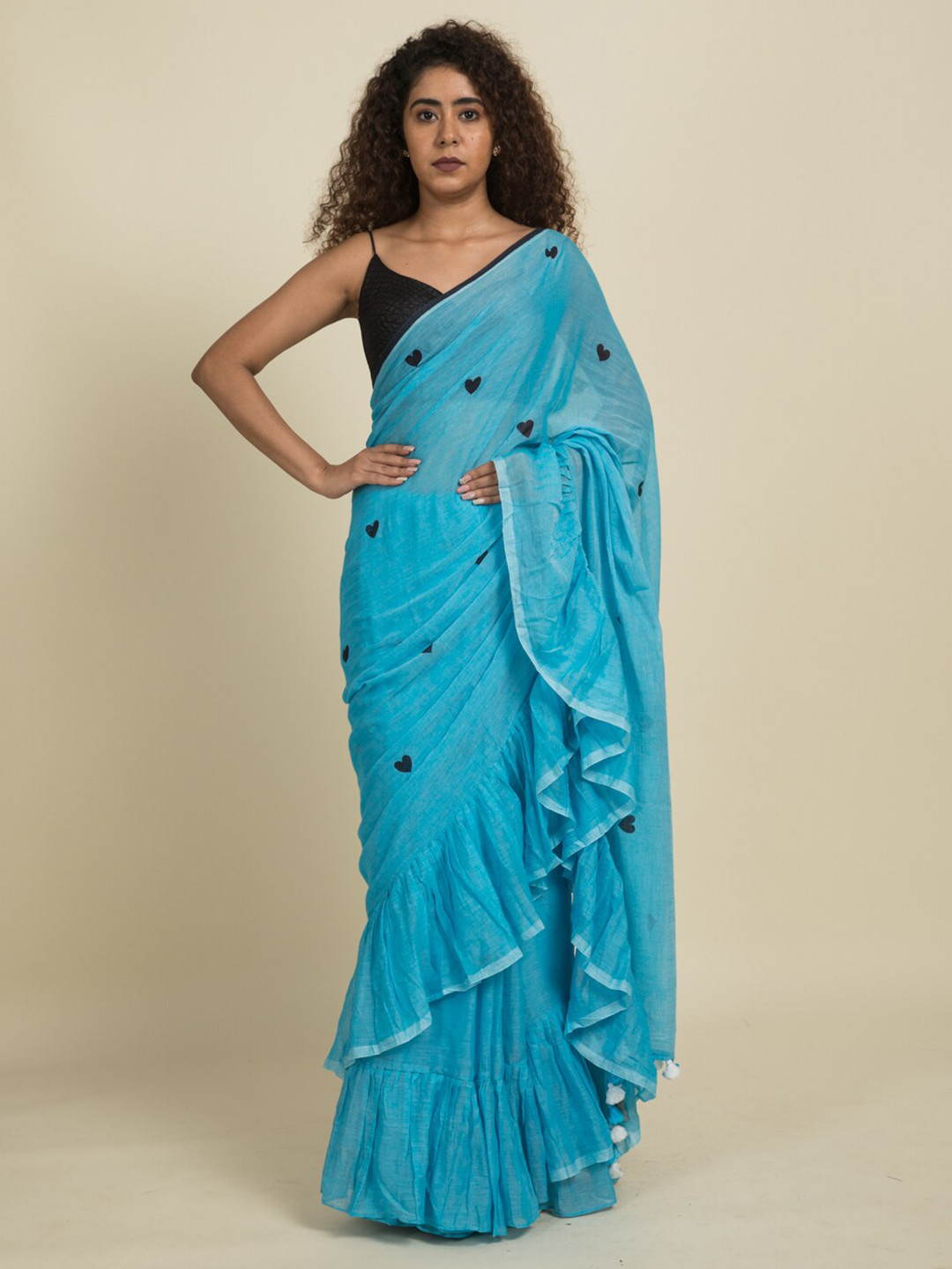 

Suta Blue & Black Printed Pure Cotton Ruffle Saree