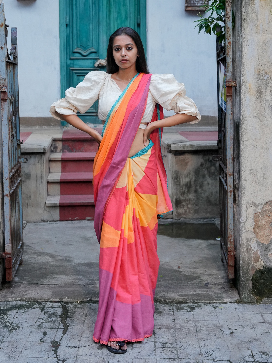 

Suta Orange & Yellow Colourblocked Pure Cotton Saree
