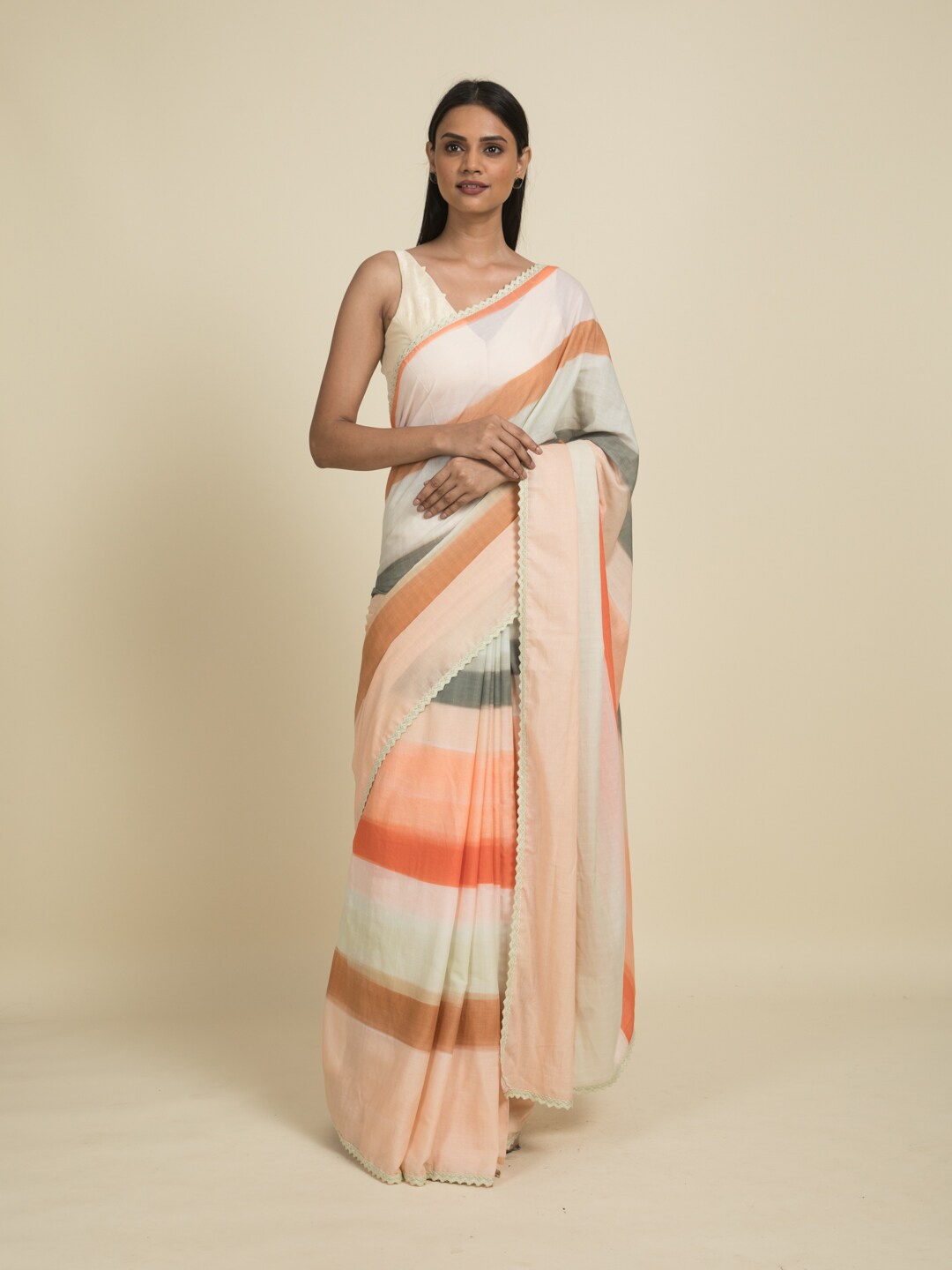 

Suta Orange & White Striped Pure Cotton Saree