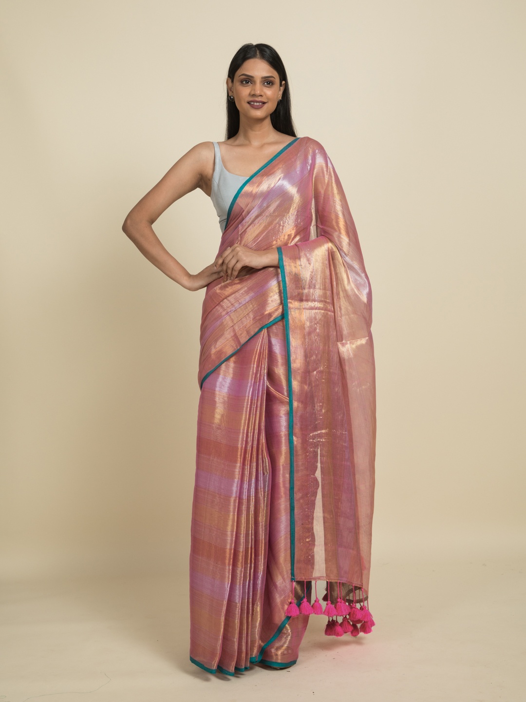 

Suta Pink & Lavender Striped Zari Saree