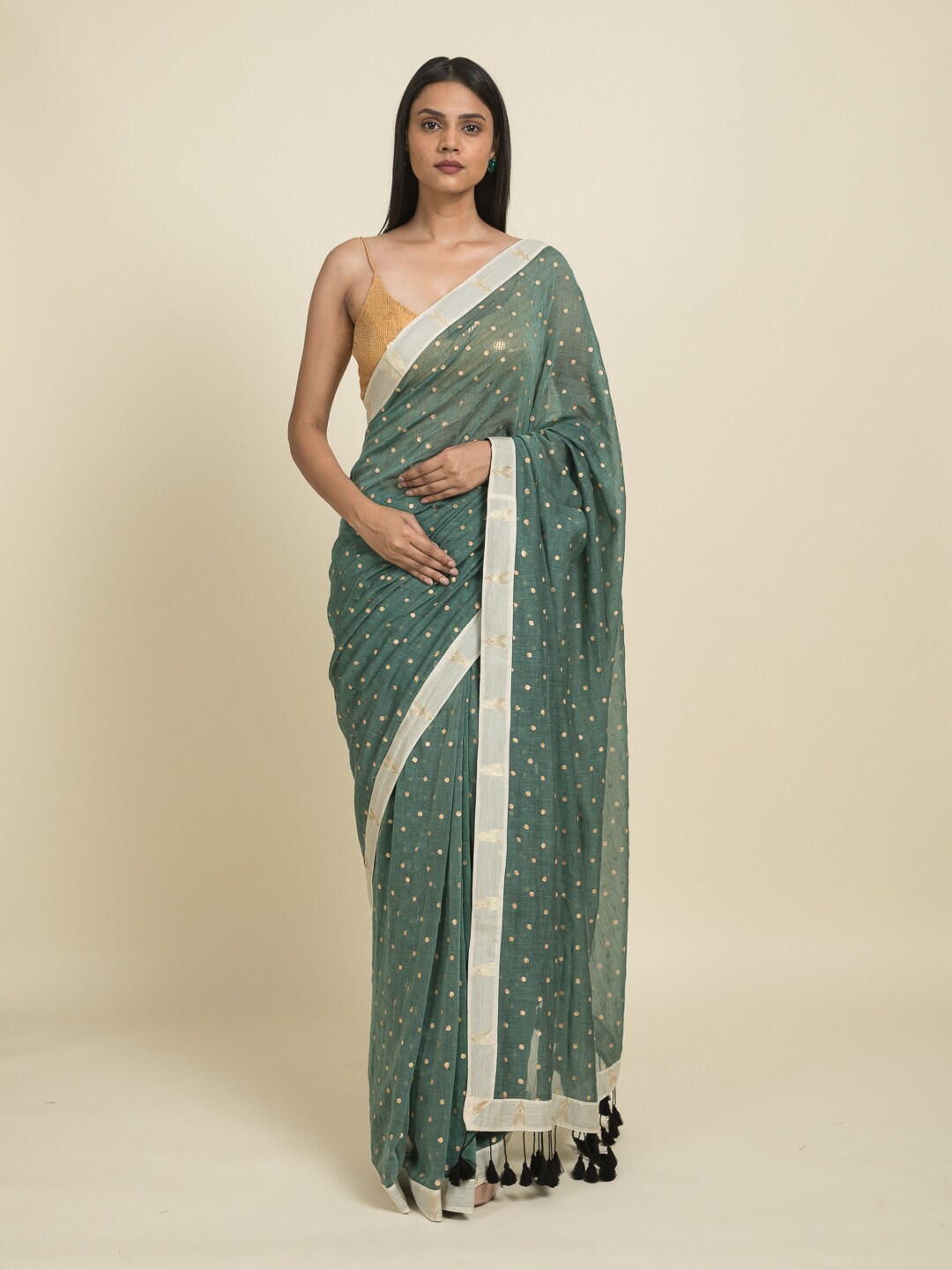 

Suta Teal & Gold-Toned Polka Dots Printed Pure Cotton Saree