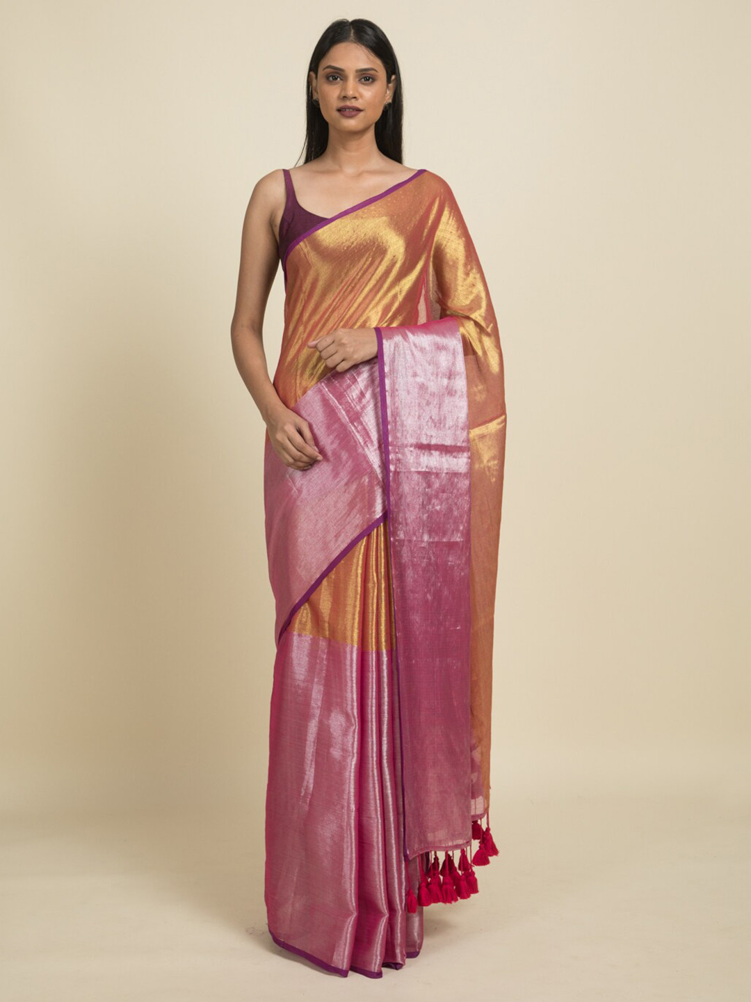 

Suta Red & Pink Zari Cotton Saree