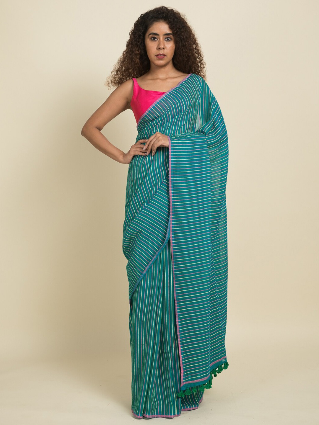 

Suta Teal & Pink Striped Pure Cotton Saree