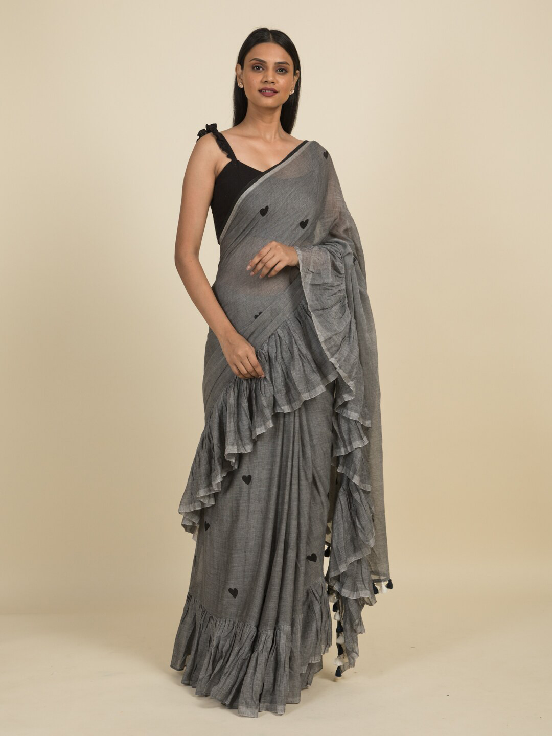 

Suta Grey & Black Printed Ruffle Pure Cotton Saree
