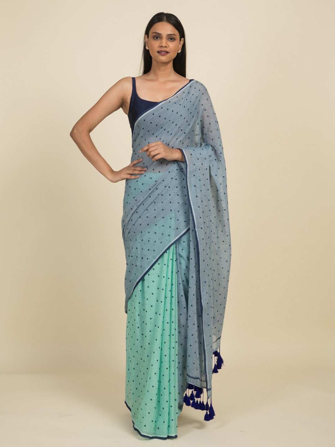 

Suta Blue & Green Polka Dots Pure Cotton Saree