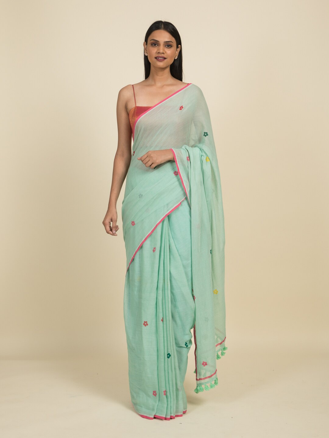 

Suta Sea Green & Magenta Floral Block Printed Pure Cotton Saree