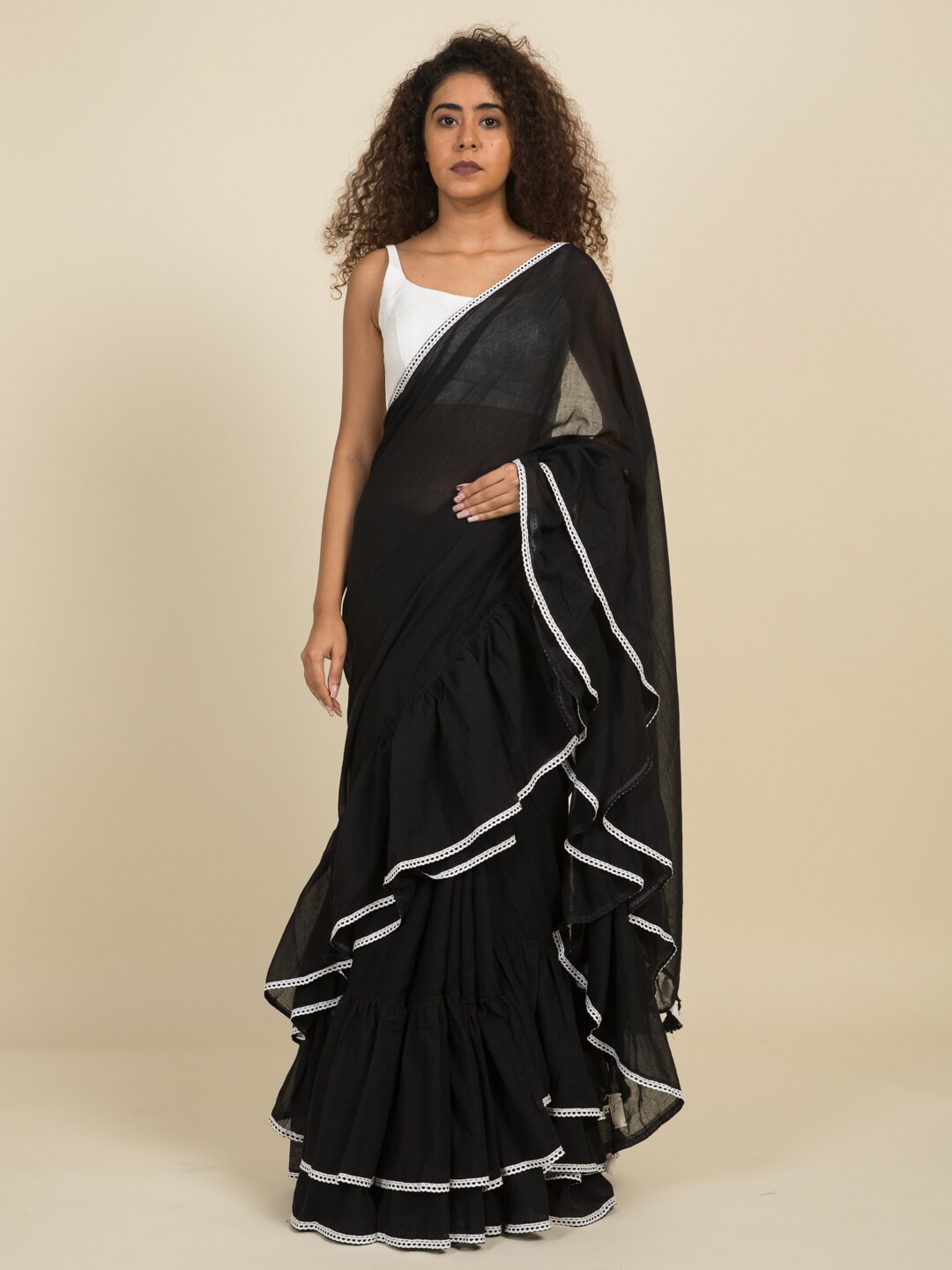 

Suta Black & White Pure Cotton Ruffle Saree
