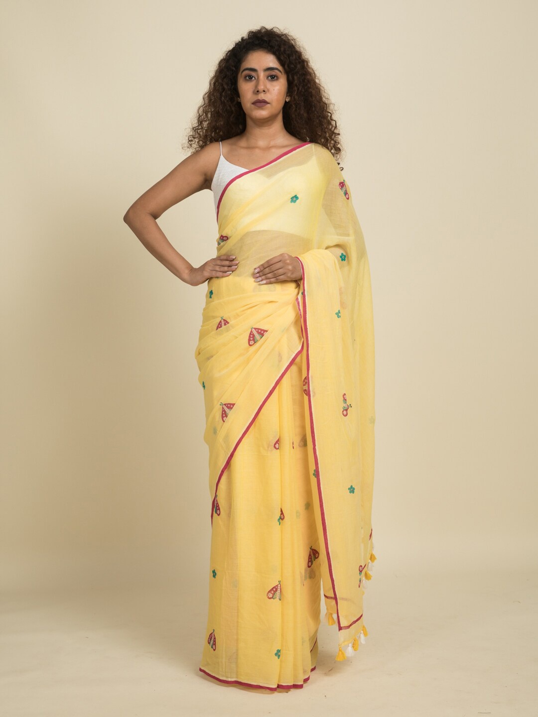 

Suta Yellow Butterfly Block Printed Mul Cotton Saree