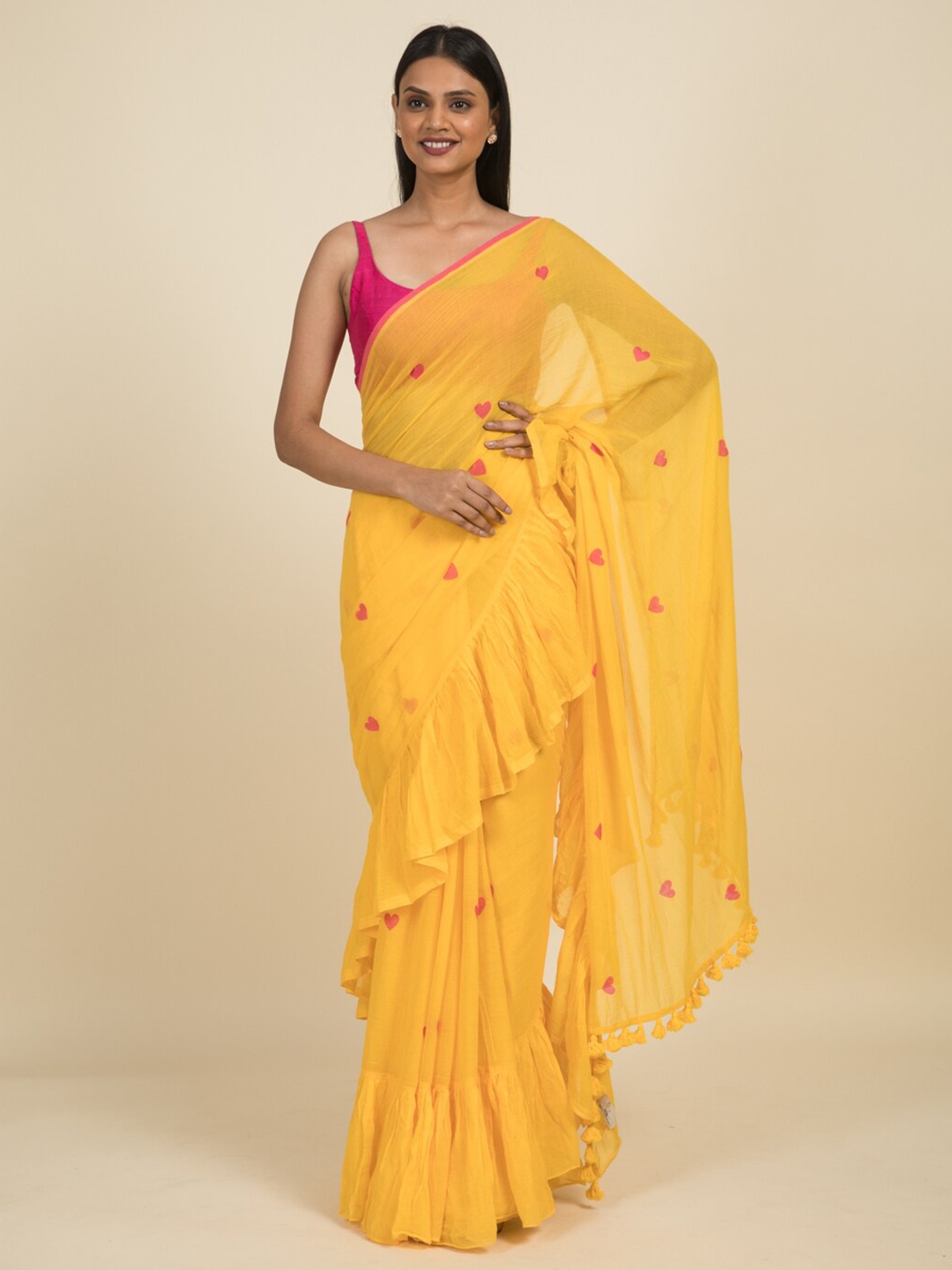 

Suta Yellow & Pink Pure Cotton Ruffle Saree