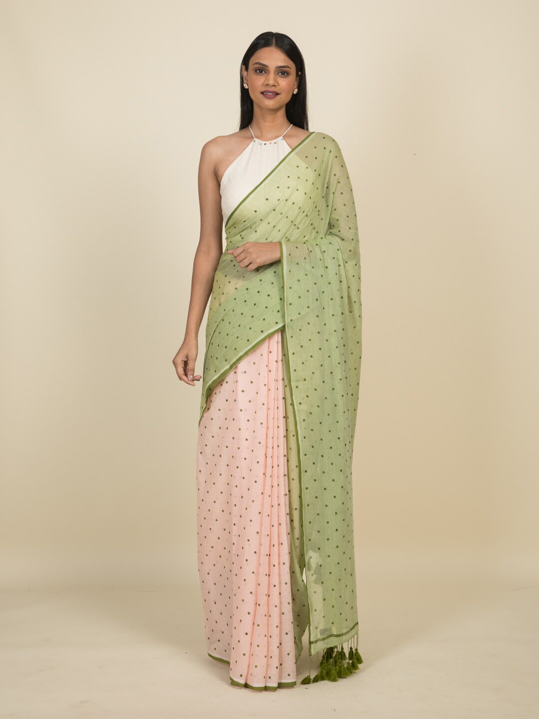 

Suta Olive Green & Pink Polka Dotted Pure Cotton Saree
