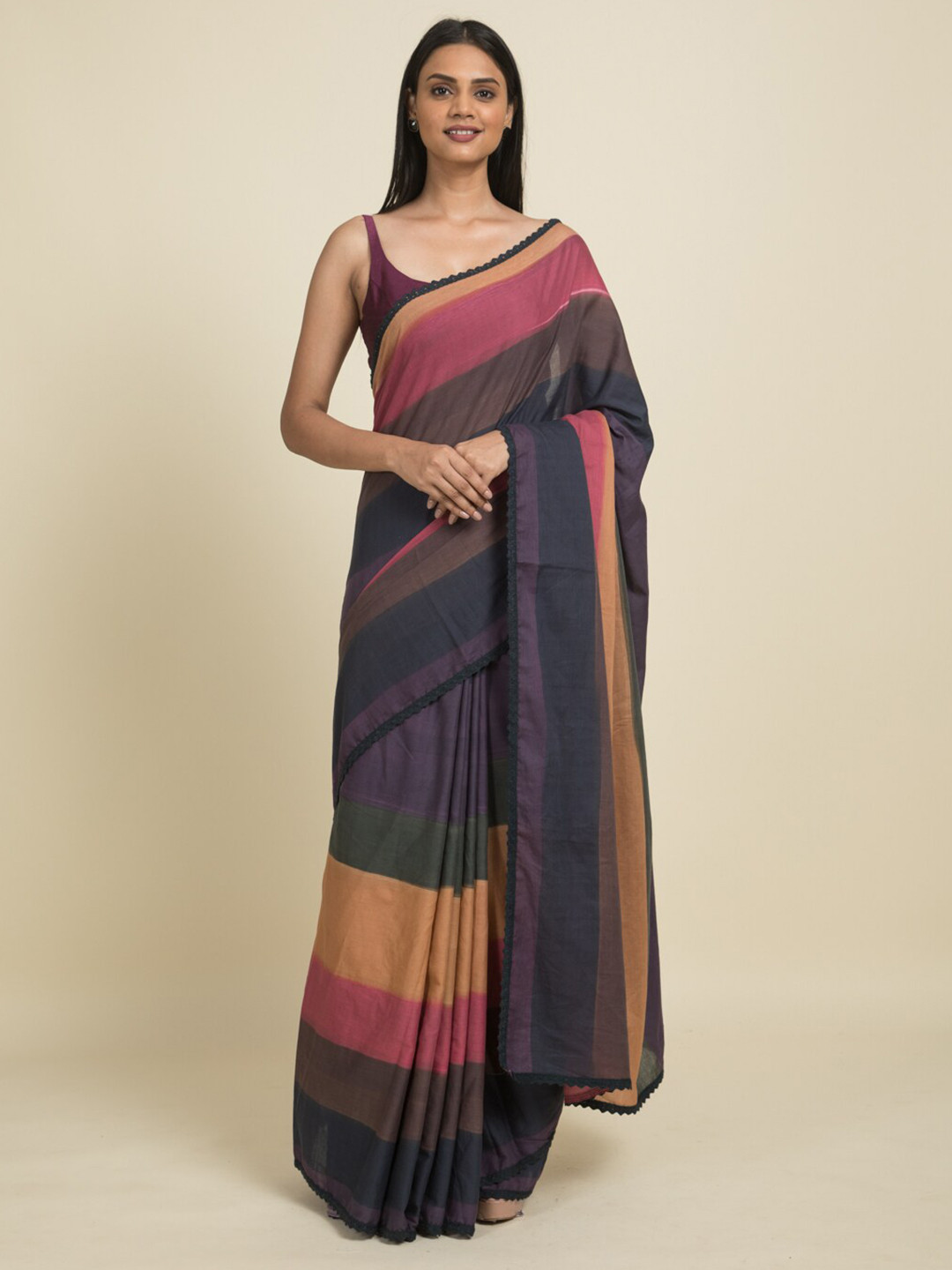 

Suta Grey & Pink Striped Pure Cotton Saree