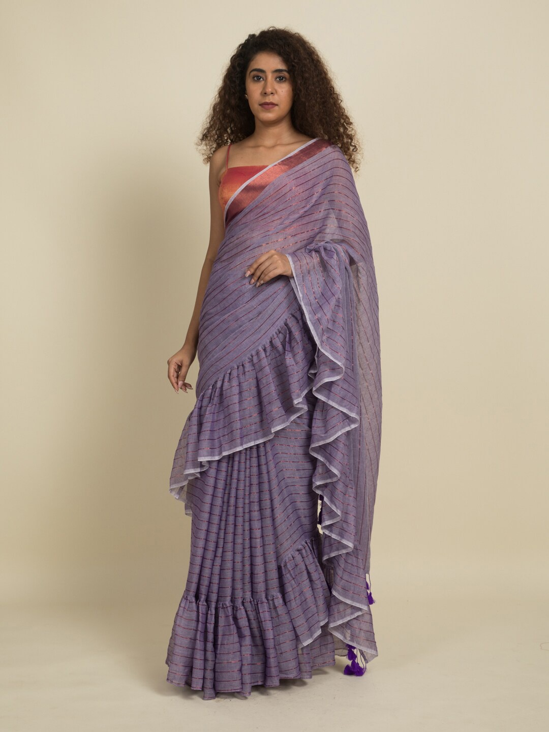 

Suta Lavender & Copper-Toned Striped Zari Ruffle Saree