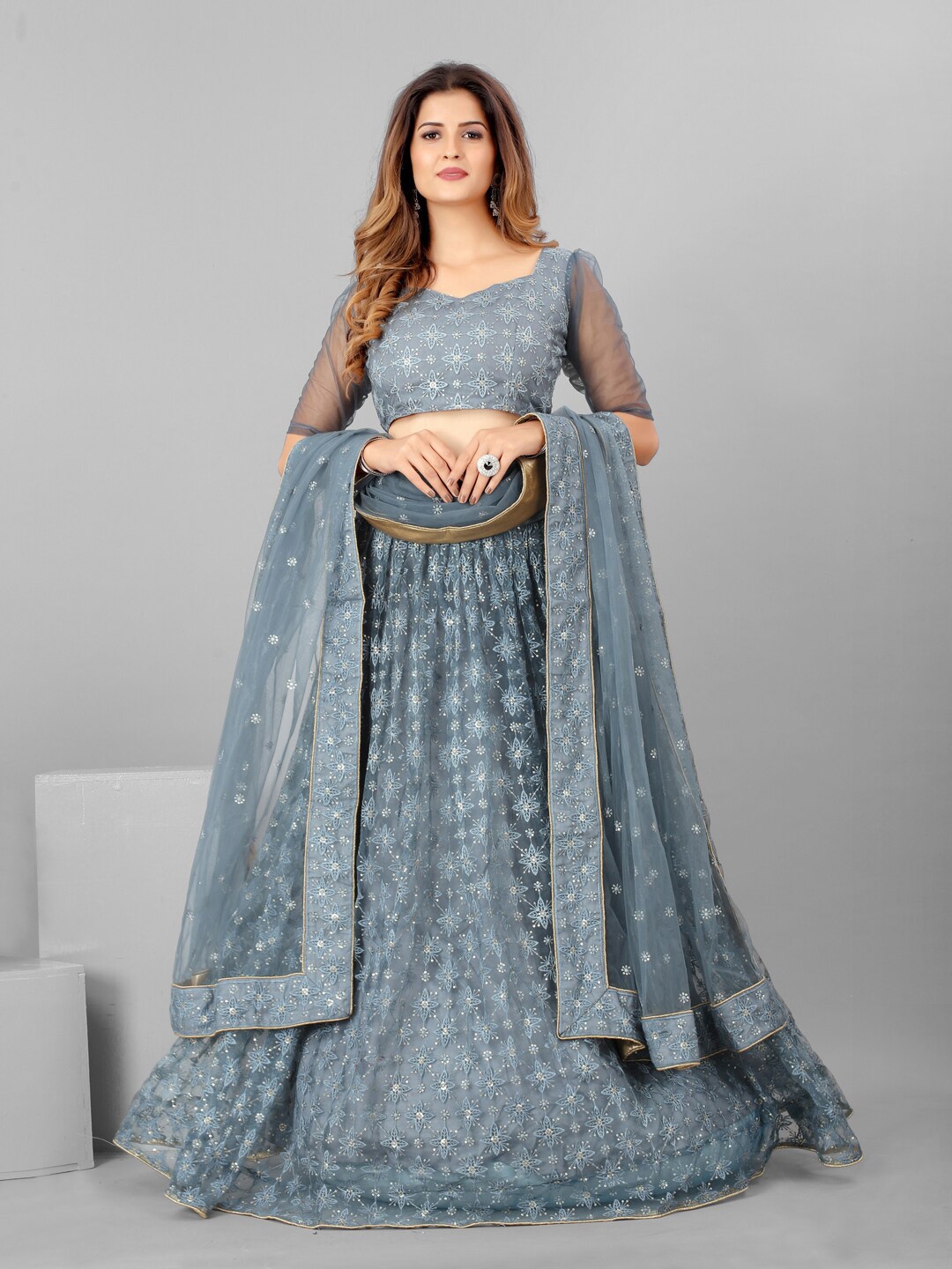 

SHOPGARB Grey & White Embellished Sequinned Semi-Stitched Lehenga & Unstitched Blouse With Dupatta