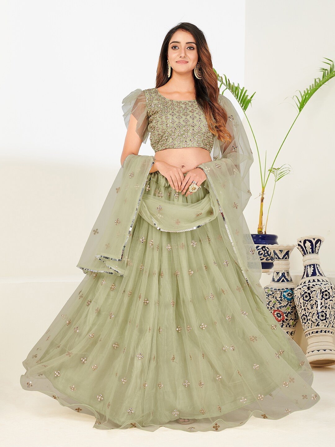 

SHOPGARB Sea Green Mirror Work Semi-Stitched Lehenga & Unstitched Blouse With Dupatta