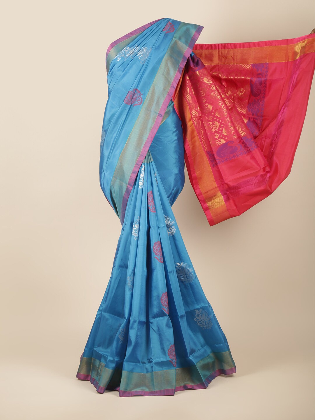 

Pothys Blue & Magenta Floral Zari Art Silk Saree