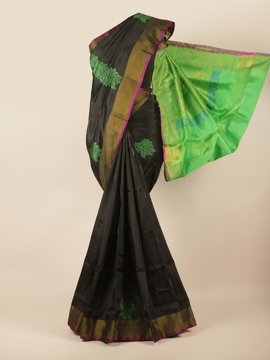 

Pothys Black & Green Ethnic Motifs Zari Art Silk Saree
