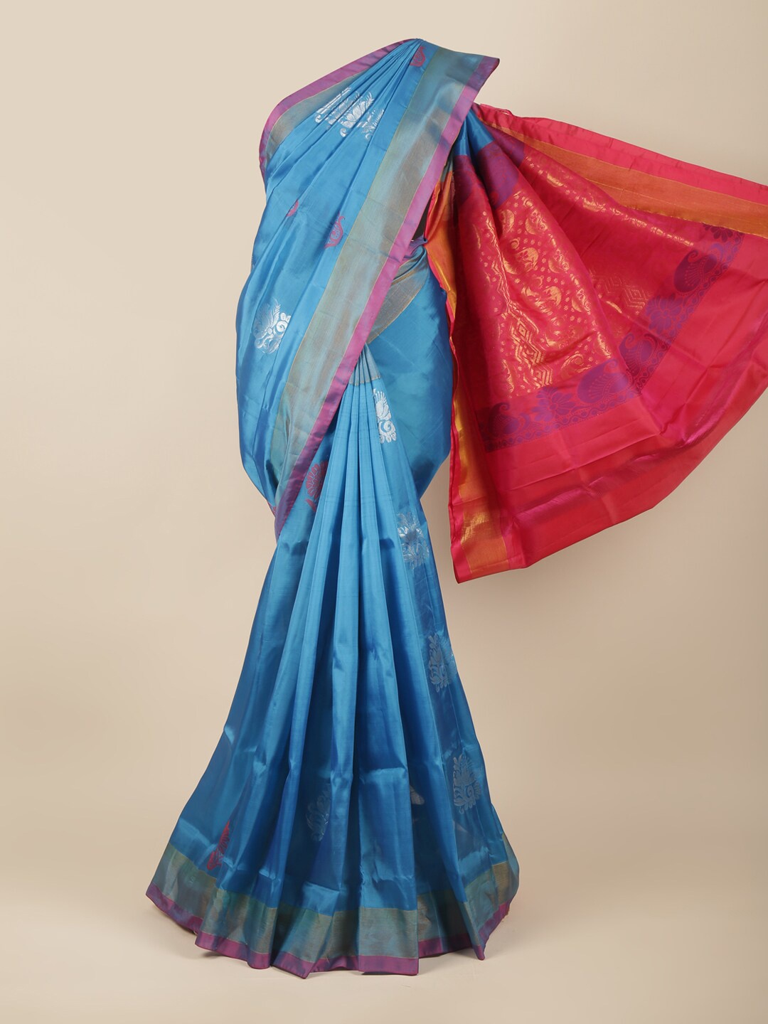 

Pothys Blue & Magenta Floral Art Silk Saree