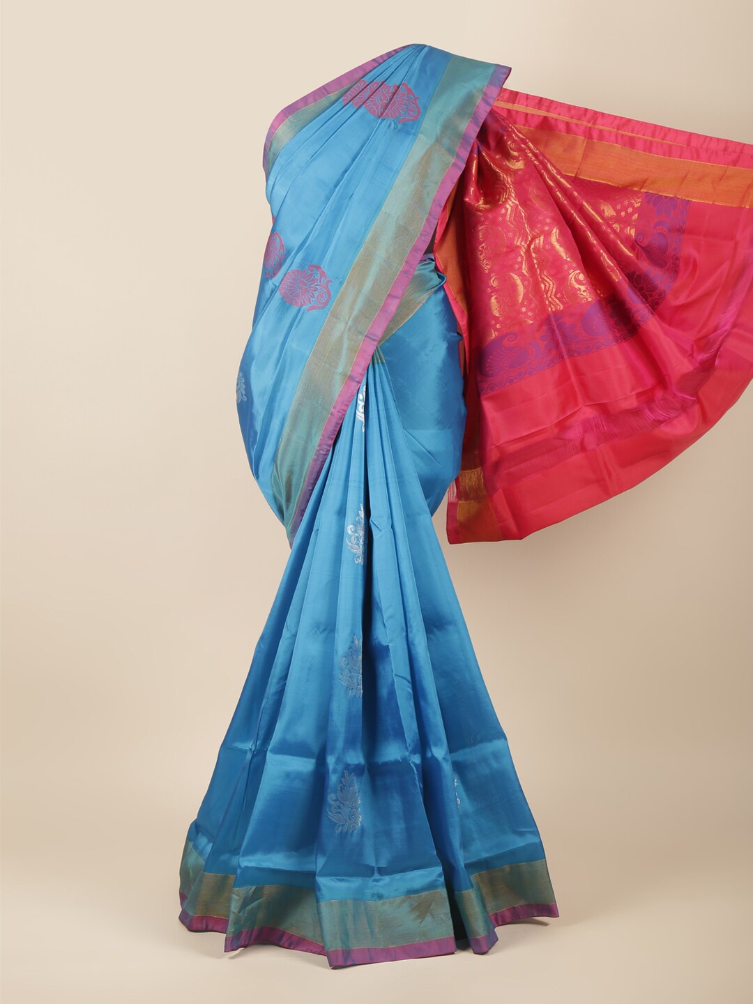 

Pothys Blue & Pink Floral Zari Art Silk Saree