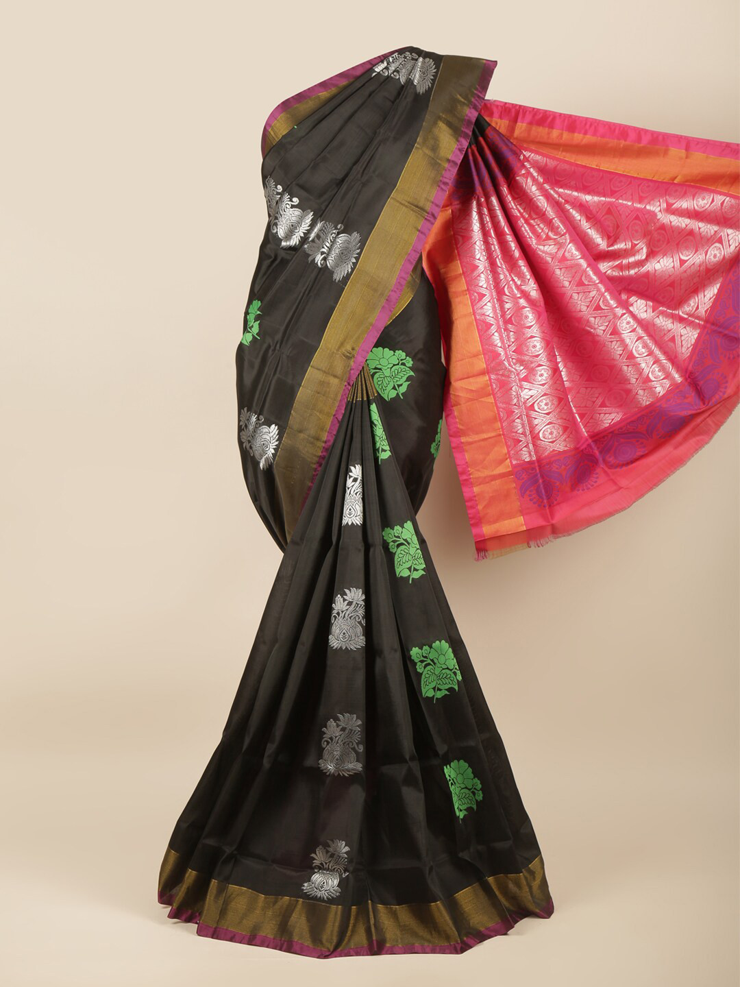 

Pothys Black & Magenta Woven Design Zari Art Silk Saree
