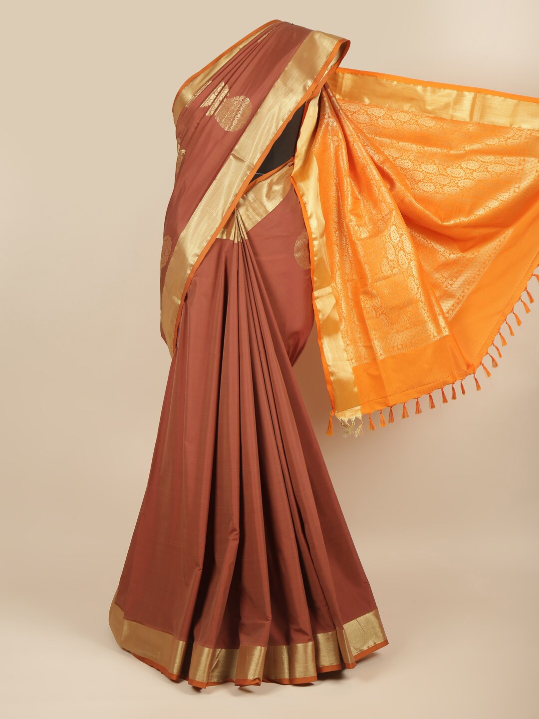 

Pothys Brown & Orange Ethnic Motifs Zari Art Silk Saree