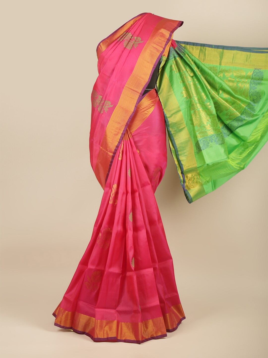 

Pothys Pink & Gold-Toned Floral Zari Art Silk Saree