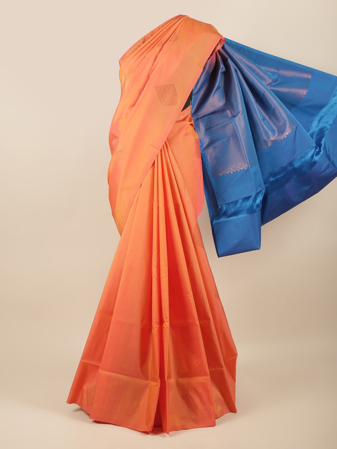 

Pothys Orange & Blue Ethnic Motifs Zari Art Silk Saree