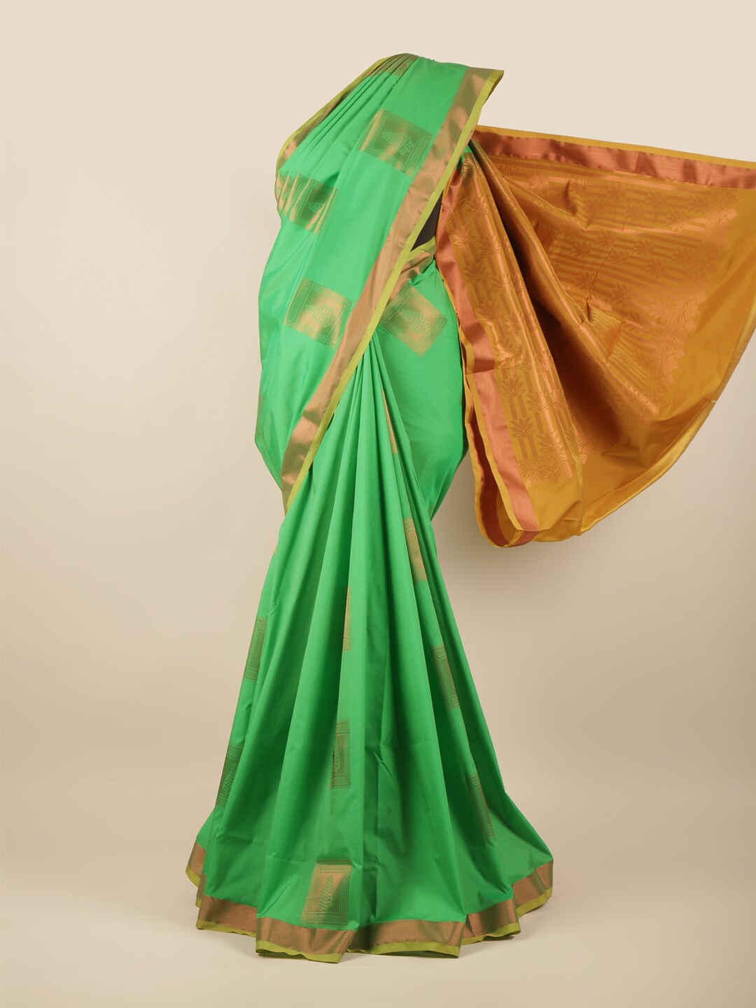 

Pothys Fluorescent Green & Gold-Toned Woven Design Zari Art Silk Saree