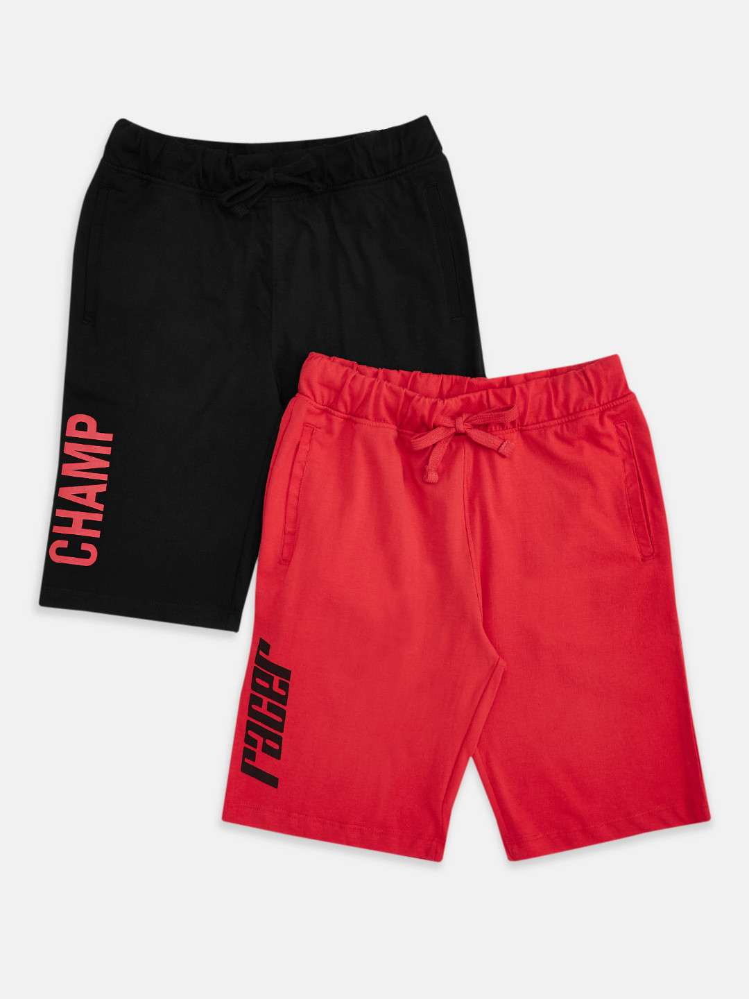 

Pantaloons Junior Boys Pack Of 2 Black & Red Typography Printed Pure Cotton Shorts
