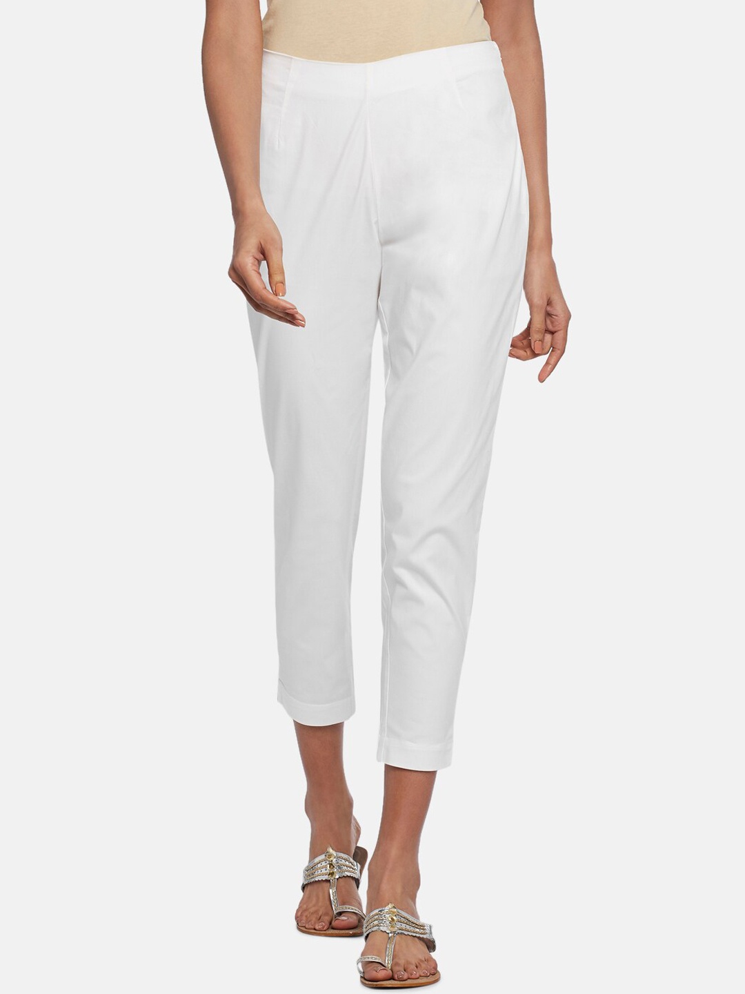 

RANGMANCH BY PANTALOONS Women Off White Cotton Trousers