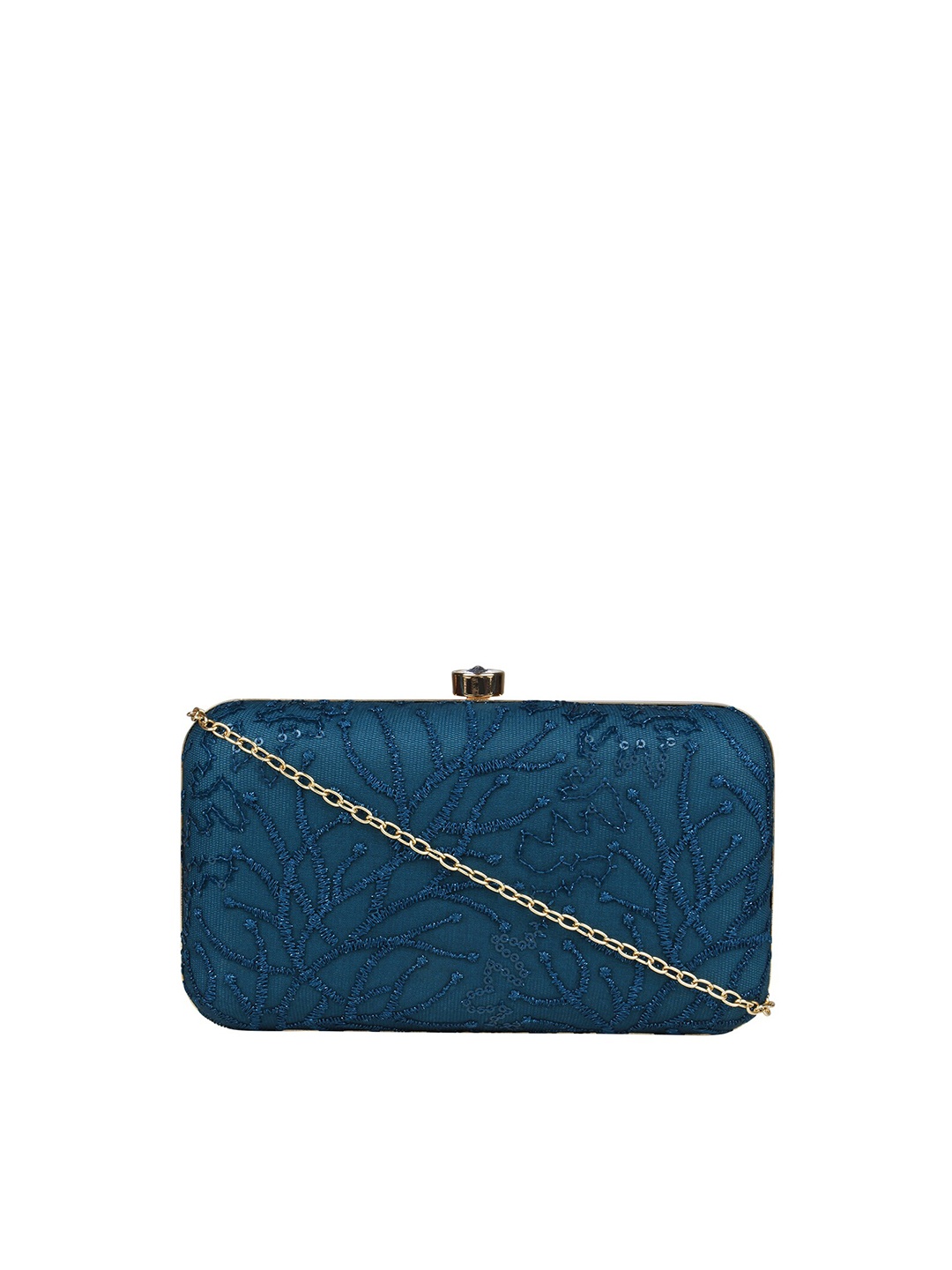 

HORRA Blue & Gold-Toned Embroidered Box Clutch