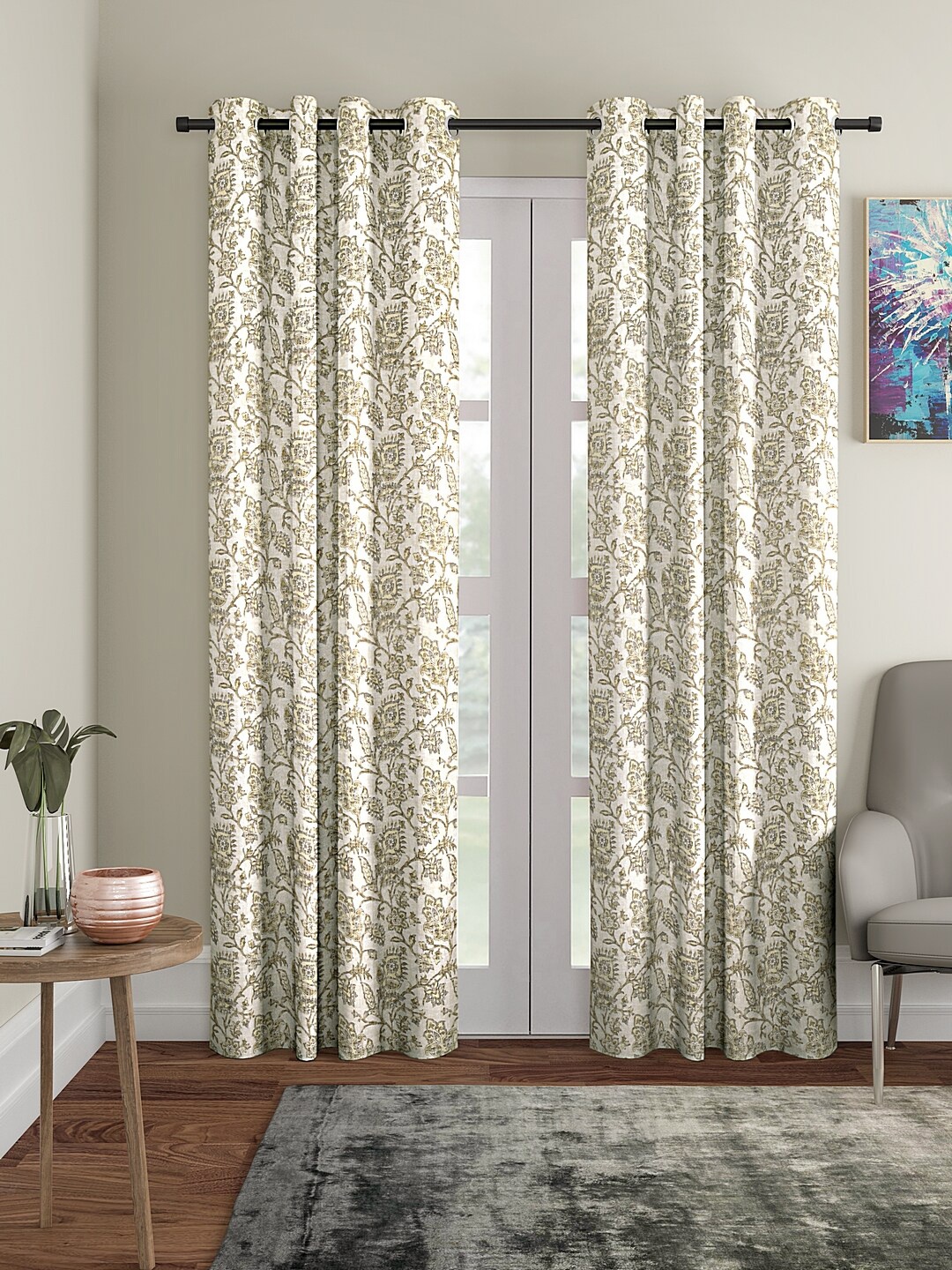 

BLANC9 Set of 2 Beige & Grey Cotton Floral Long Door Curtain