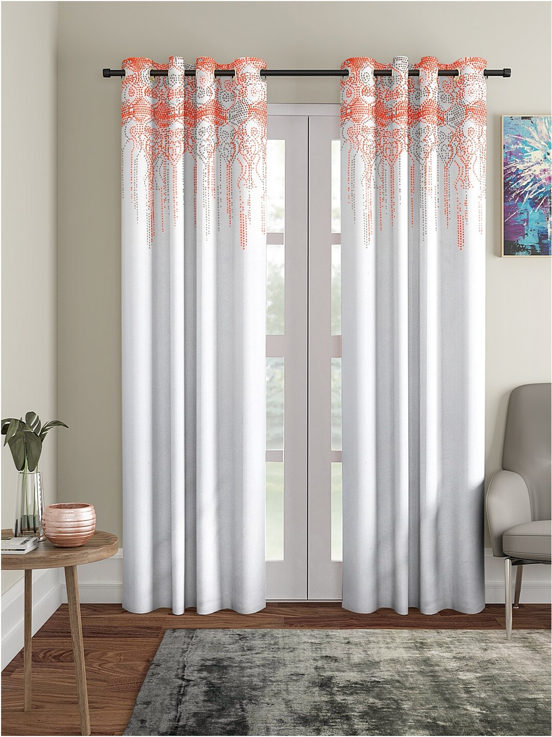 

BLANC9 Off White & Orange Set of 2 Geometric Long Door Curtain