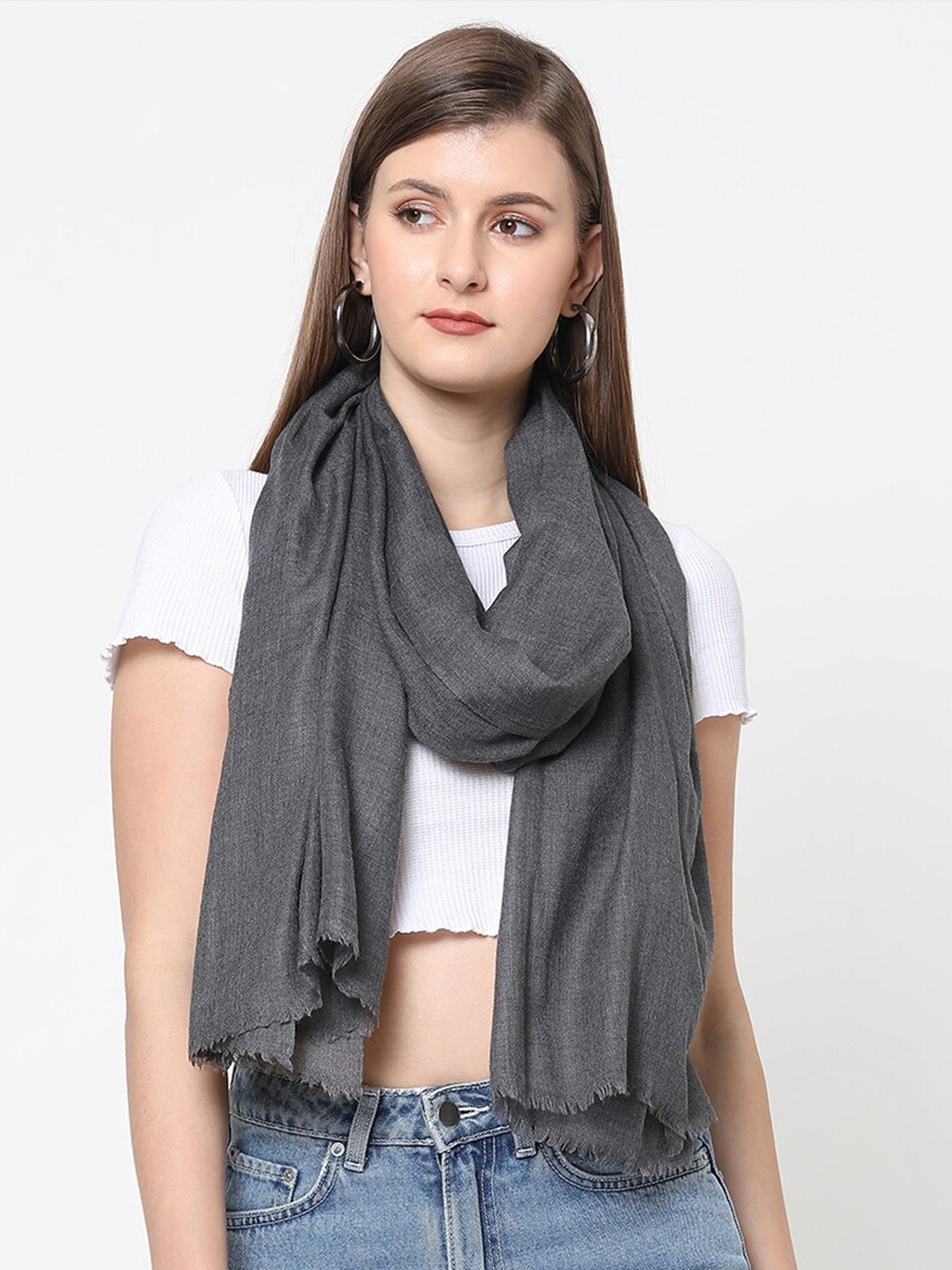 

Cloth Haus India Women Solid Scarf Wool Silk With Frayed Border, Grey