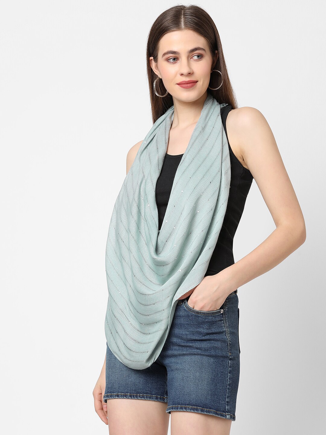 

Cloth Haus India Women Grey Striped Sequins Viscose Scarf