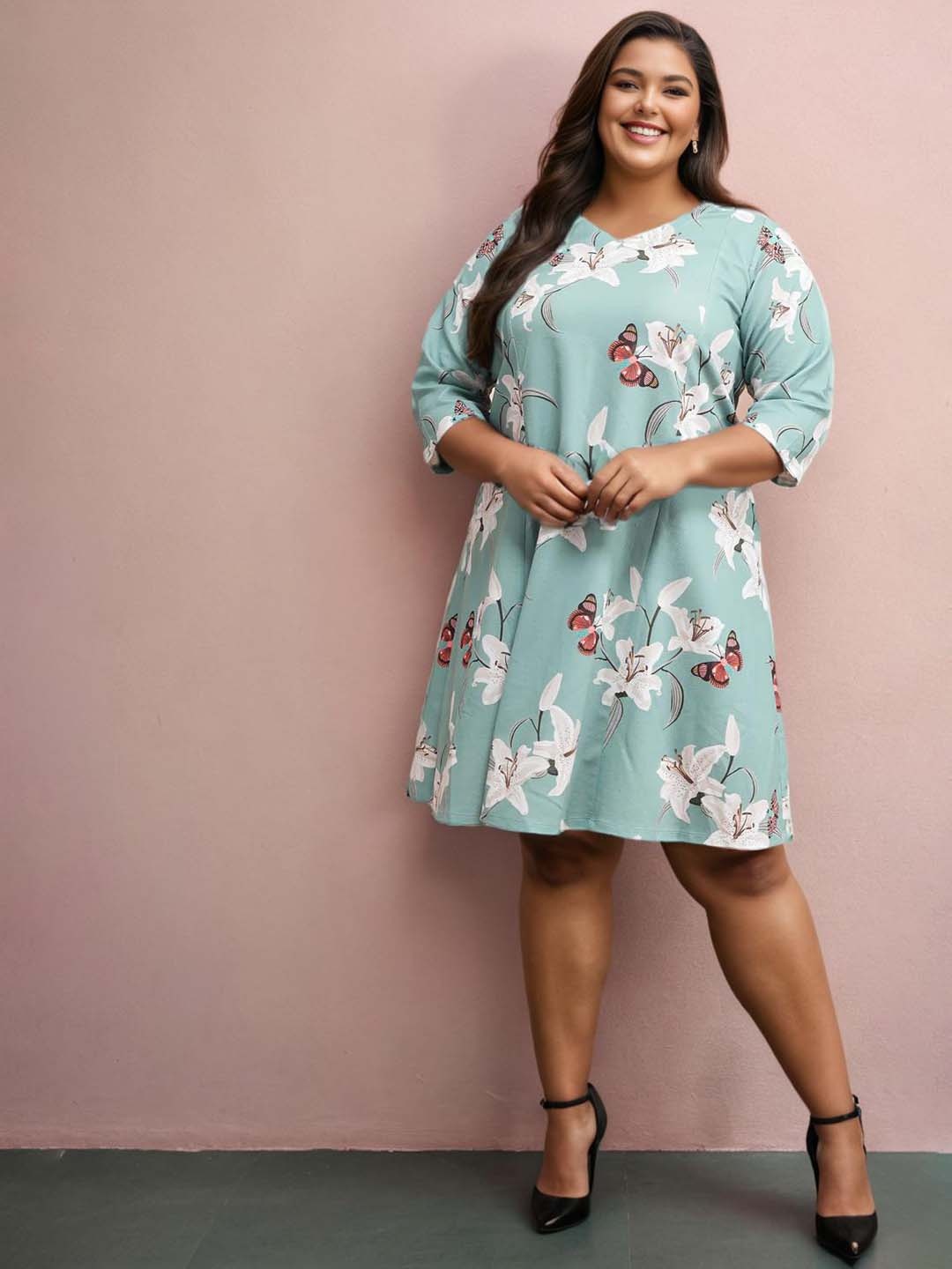 

Amydus Women Plus Size Green & White Floral V-neck A-Line Dress