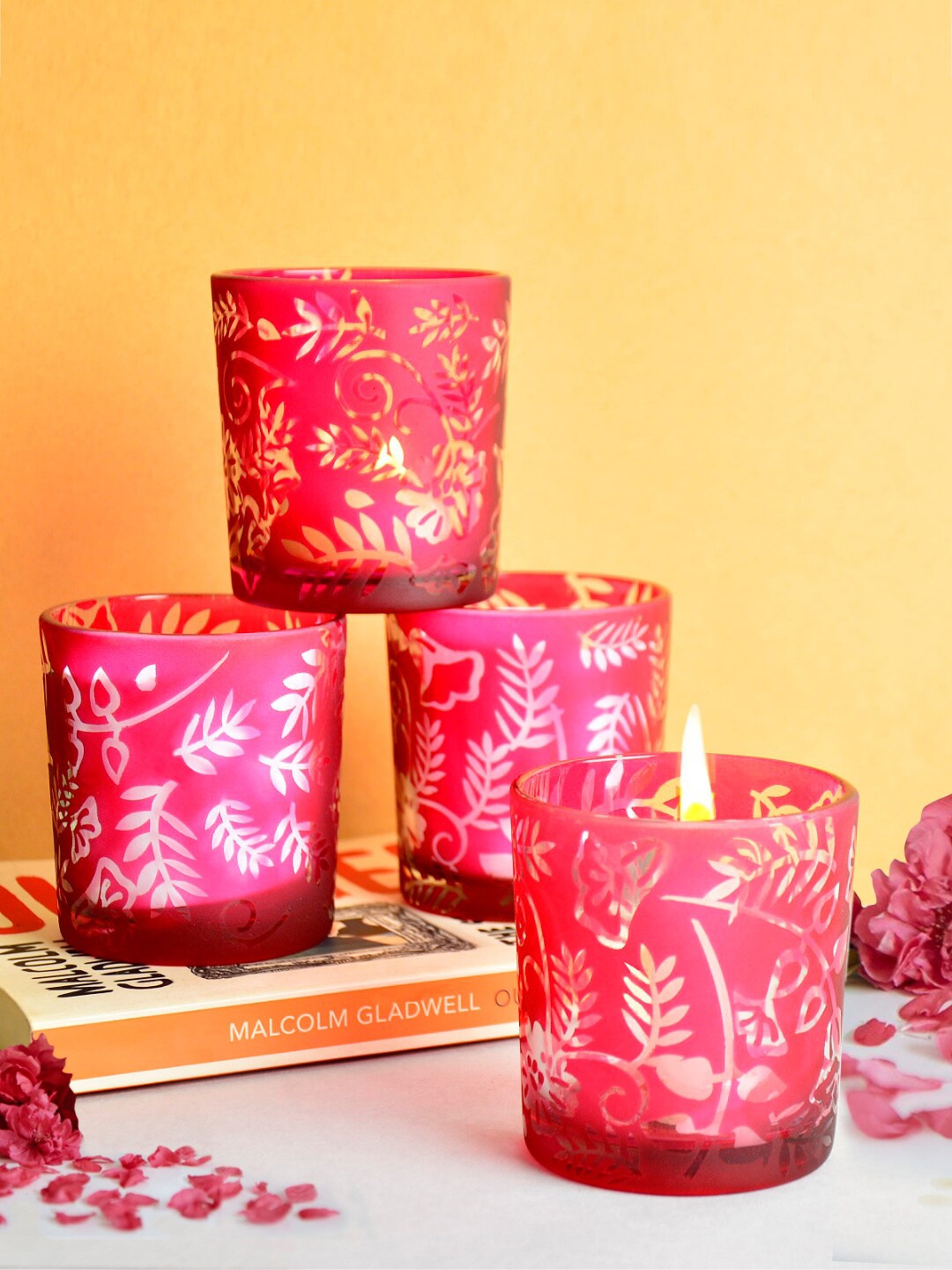 

StyleMyWay Set Of 4 Etched Glass Votive Candles Holders, Maroon