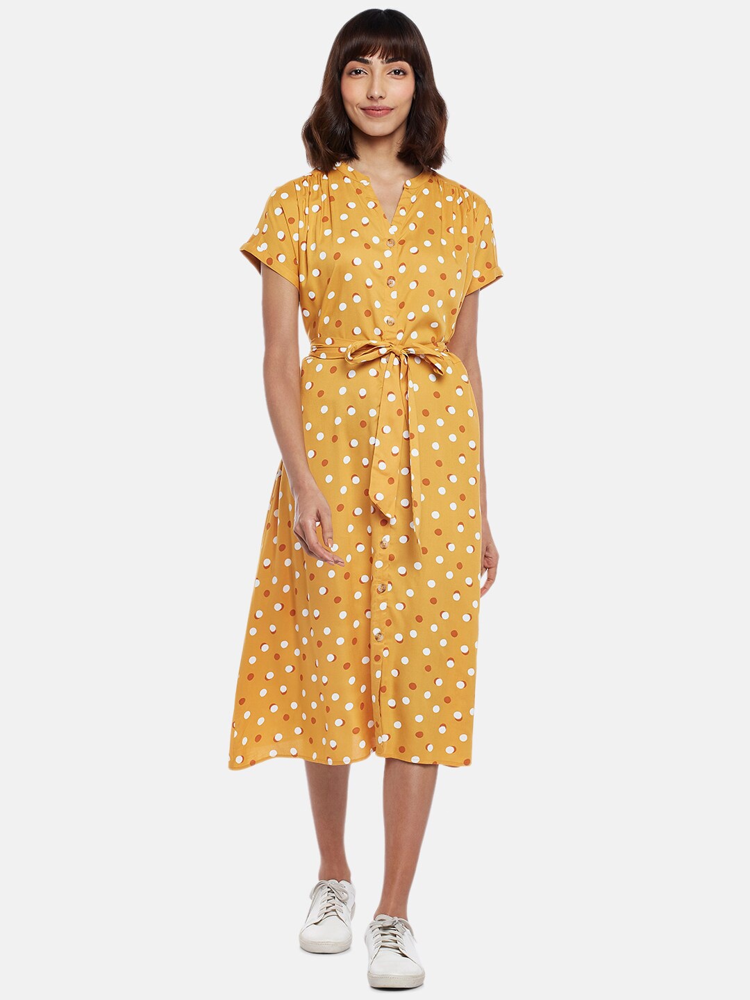 

Honey by Pantaloons Mustard Yellow & White Polka Dots Printed A-Line Midi Dress