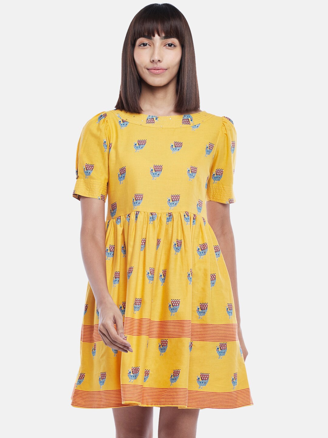 

People Women Mustard Yellow Printed Pure Cotton Fit & Flare Dress