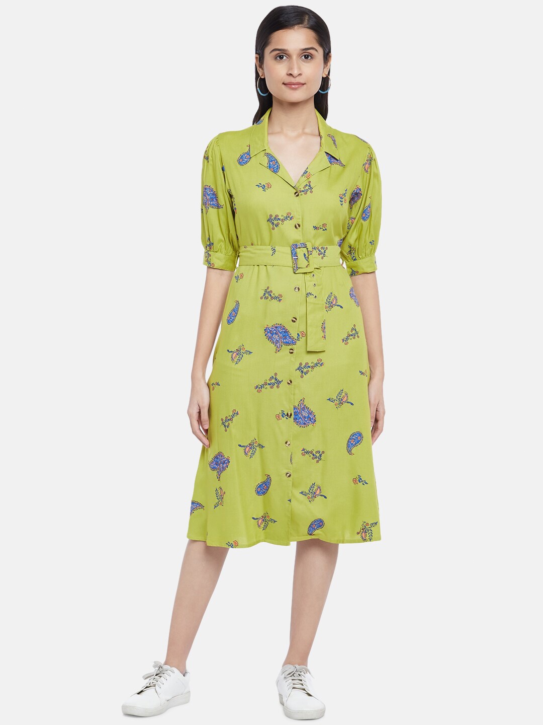 

People Lime Green & Blue Floral Liva Shirt Dress