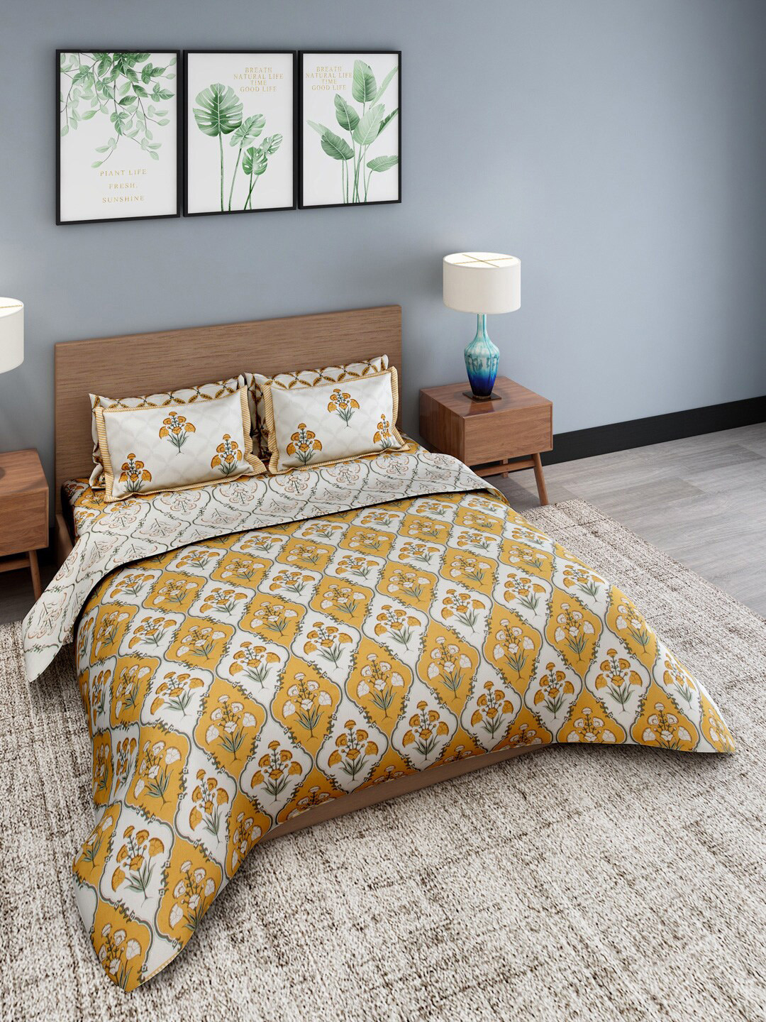 

Rajasthan Decor Set Of 4 Mustard & White Printed Cotton Double Bedding Set With Pillow Covers & Comforter
