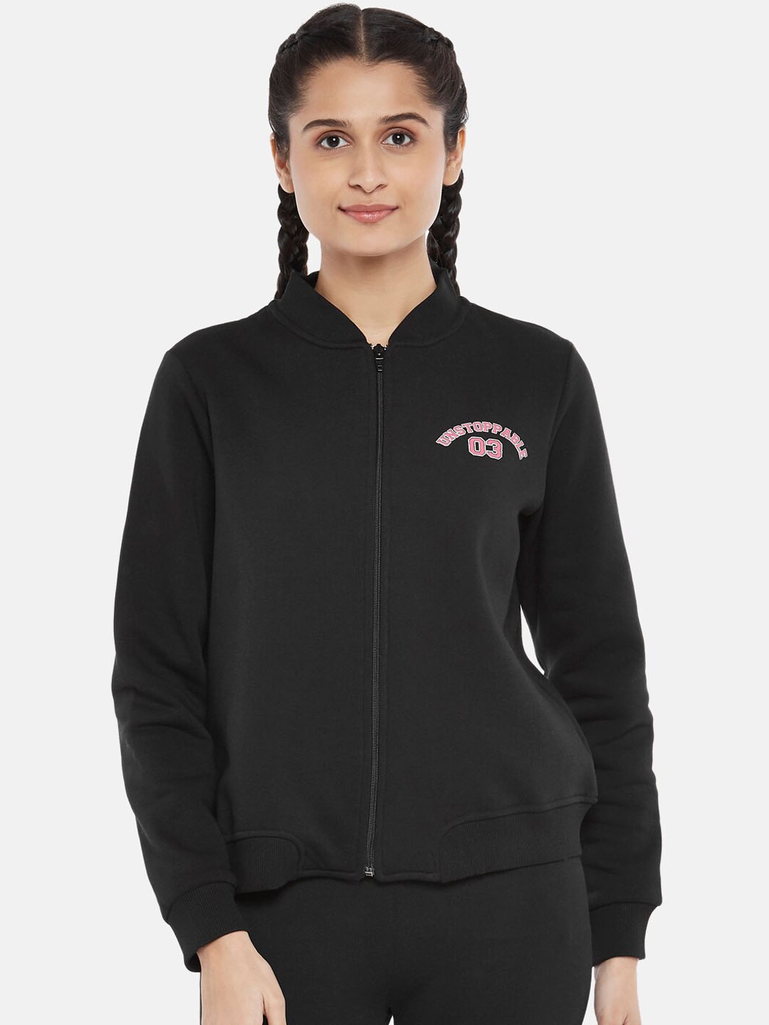 

Ajile by Pantaloons Women Black Longline Sporty Jacket with Embroidered