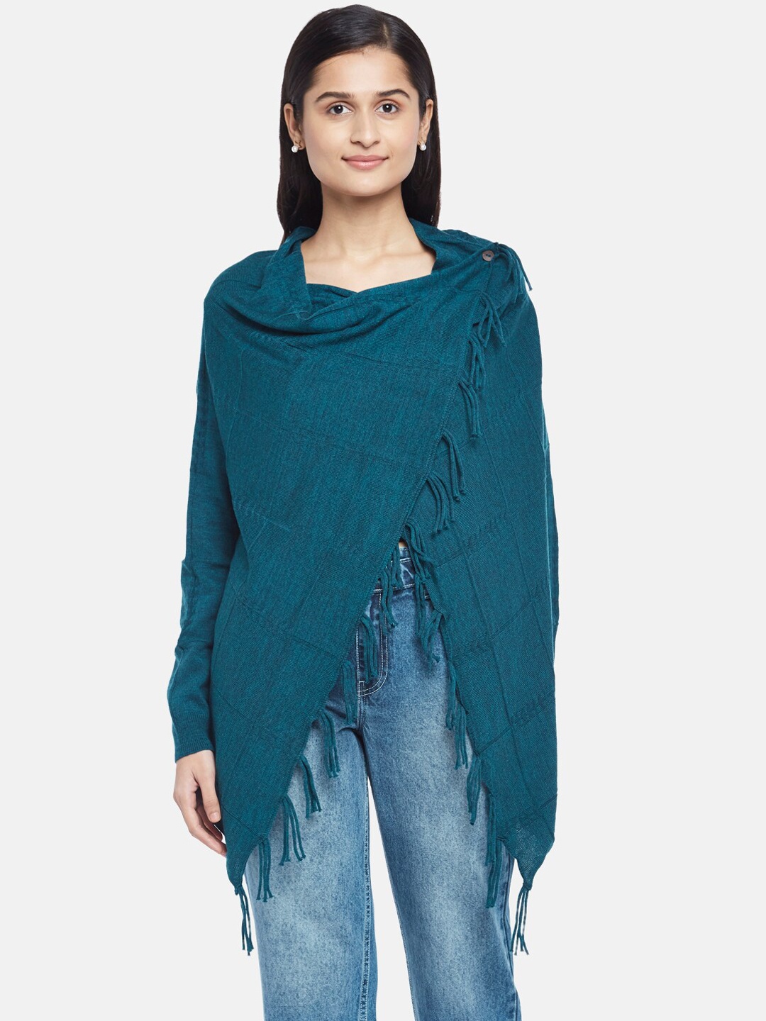 

People Women Teal Floral Acrylic Longline Tailored Jacket with Embroidered